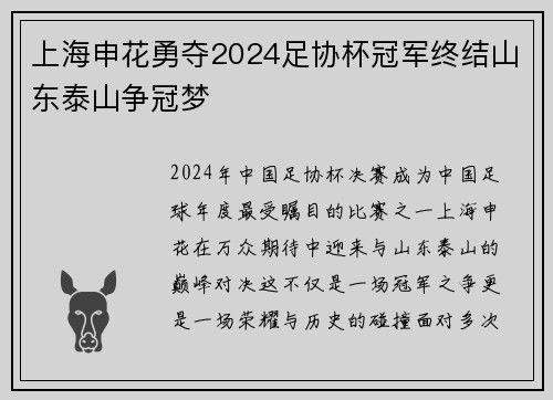 上海申花勇夺2024足协杯冠军终结山东泰山争冠梦 上海申花勇夺2024足协杯冠军终结山东泰山争冠梦